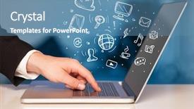  Presentation with notebook - Slide set featuring comerce - hand writing on notebook computer background and a teal colored foreground