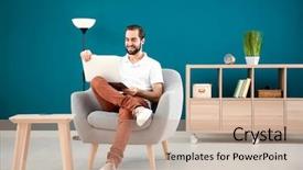  Presentation with 3d man sitting question mark - Beautiful presentation featuring comfort - handsome man with laptop sitting backdrop and a coral colored foreground