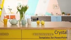  Presentation with kitchen - Audience pleasing presentation theme consisting of comfort zone - island with wooden top backdrop and a gold colored foreground