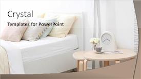  Presentation with coverlet - Slide deck with comfortable bed with soft beige coverlet and pillows in light modern room background and a white colored foreground