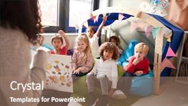  Presentation with elementary school career day and technology and black female teacher - PPT theme with comfortable corner of the classroom background and a coral colored foreground