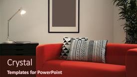  Presentation with room - Presentation theme enhanced with comfortable-red-sofa-with-pillows background and a tawny brown colored foreground
