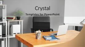  Presentation with workplace - PPT theme enhanced with comfortable workplace in light room background and a light gray colored foreground