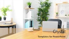  Presentation with workplace - PPT layouts with comfortable workplace in light room background and a yellow colored foreground