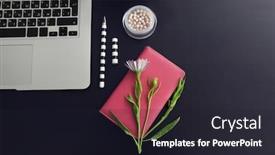  Presentation with blogger - Colorful PPT theme enhanced with comfortable workplace of beauty blogger with modern laptop on table backdrop and a wine colored foreground