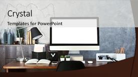  Presentation with workplace - PPT layouts featuring comfortable workplace with modern computer background and a  colored foreground