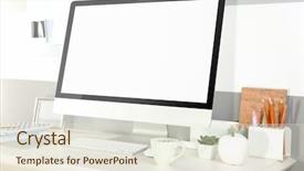  Presentation with workplace - Audience pleasing slide deck consisting of comfortable workplace with modern computer backdrop and a sky blue colored foreground