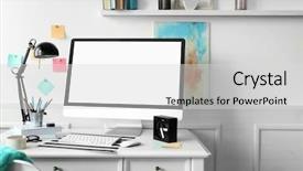  Presentation with workplace - PPT layouts featuring comfortable workplace with modern computer background and a light gray colored foreground