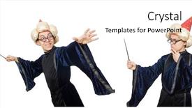  Presentation with wizard - Colorful presentation theme enhanced with comic book - funny wise wizard isolated backdrop and a pink colored foreground