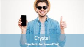  Presentation with cheerful - Slides having comic happy - cheerful young man in earphones background and a teal colored foreground