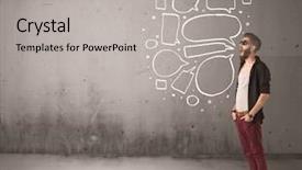  Presentation with urban - Colorful PPT theme enhanced with comic hipster guy shouting in front of grey urban concrete wall with drawn empty text bubbles around his mouth concept backdrop and a light gray colored foreground