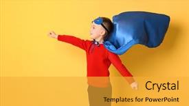  Presentation with children superhero kids aspiration imagination - Presentation design with fun cartoon school - cute boy in superhero costume background and a yellow colored foreground