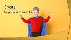  Presentation with costume - Slide set having fun cartoon school - cute boy in superhero costume background and a yellow colored foreground