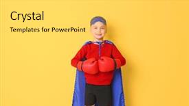  Presentation with superhero - Audience pleasing presentation design consisting of fun cartoon school - cute boy in superhero costume backdrop and a light gray colored foreground