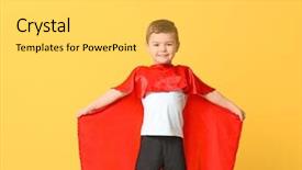 Presentation with superhero - PPT theme having hreo comics theme - cute boy in superhero costume background and a light gray colored foreground