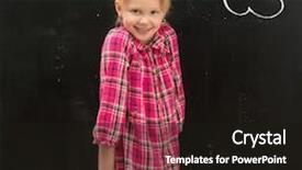  Presentation with five business people standing together and smiling - Theme with fun cartoon school - cute smiling little schoolgirl standing background and a  colored foreground