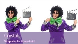  Presentation with clapper - PPT theme consisting of comical sun - funny man in wig background and a violet colored foreground