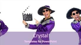  Presentation with clapper - Cool new slide set with comical sun - funny man with clapper-board isolated backdrop and a violet colored foreground
