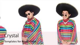  Presentation with mexican vacations - Beautiful PPT theme featuring comical sun - funny mexican wearing poncho isolated backdrop and a  colored foreground