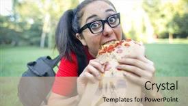  Presentation with pizza - Slide deck having comical sun - greedy girl eating pizza background and a soft green colored foreground