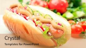  Presentation with dog food - Presentation theme featuring comida americana - close up of hot dog background and a gold colored foreground