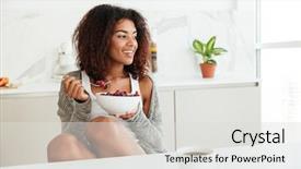  Presentation with african fabric - Theme having comida americana - pretty smiling african woman eating background and a light gray colored foreground