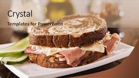  Presentation with pickle - PPT theme featuring comida americana - reuben sandwich with kosher dill background and a coral colored foreground