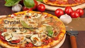  Presentation with pizza - PPT layouts with comida americana - super healthy vegetables and mushrooms background and a yellow colored foreground