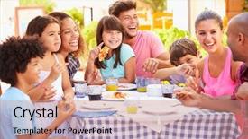  Presentation with families - Presentation theme enhanced with comida americana - two families eating meal background and a coral colored foreground