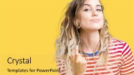  Presentation with over come challanges - Theme with coming - beautiful young blonde woman background and a yellow colored foreground