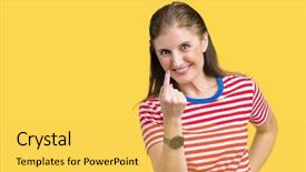  Presentation with over come challanges - Beautiful PPT theme featuring coming attraction - middle age mature woman wearing backdrop and a yellow colored foreground
