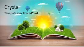  Presentation with green earth world globe map - Audience pleasing presentation theme consisting of coming out of its pages backdrop and a seafoam green colored foreground