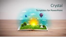  Presentation with green earth world globe map - Cool new presentation theme with coming out of its pages backdrop and a sky blue colored foreground