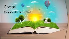  Presentation with green nature - Audience pleasing PPT theme consisting of coming out of its pages backdrop and a light blue colored foreground