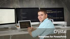  Presentation with office moves - Presentation design having command codes - handsome young programmer working background and a dark gray colored foreground