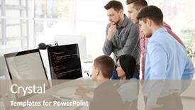  Presentation with office - Beautiful slide deck featuring command codes - young programmers working in office backdrop and a coral colored foreground