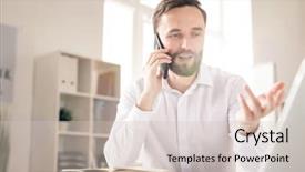  Presentation with business partner - Presentation enhanced with comment - young man communicating to client background and a  colored foreground