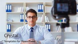  Presentation with blogger - Beautiful presentation theme featuring commerce stream - business blogger doing webcast backdrop and a  colored foreground