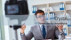  Presentation with blogger - Beautiful presentation theme featuring commerce stream - business blogger doing webcast backdrop and a light blue colored foreground