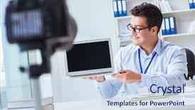  Presentation with blogger - Slides with commerce stream - business blogger doing webcast background and a  colored foreground