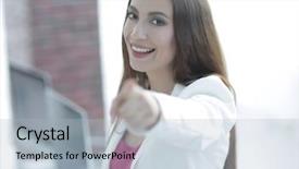  Presentation with lady - Slide set consisting of commerce stream - business lady pointing background and a light blue colored foreground