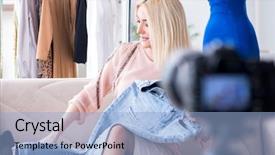  Presentation with recording - PPT theme featuring commerce stream - fashion blogger recording new video background and a light blue colored foreground