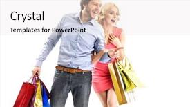 Presentation with shopping - Cool new PPT layouts with commercial activities - cheerful couple on shopping trip backdrop and a sky blue colored foreground