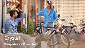  Presentation with snow storm city parks - Audience pleasing slide set consisting of commercial activities - happy girl buying city bike backdrop and a coral colored foreground