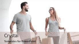  Presentation with young happy couple - Amazing slide deck having commercial activities - happy young couple with shopping backdrop and a  colored foreground