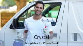  Presentation with internet service provider equipment broadband - Colorful slide deck enhanced with commercial activities - portrait of confident painter backdrop and a light blue colored foreground