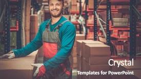  Presentation with warehouse cold storage - Slide set enhanced with commercial autoparts - porter carrying boxes background and a tawny brown colored foreground