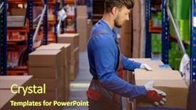  Presentation with warehouse - PPT theme featuring commercial autoparts - porter carrying boxes background and a tawny brown colored foreground