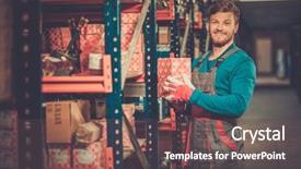  Presentation with spare parts warehouse - Slide set enhanced with commercial autoparts - worker on a automotive spare background and a dark gray colored foreground