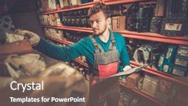  Presentation with spare parts warehouse - Theme enhanced with commercial autoparts - worker on a automotive spare background and a coral colored foreground